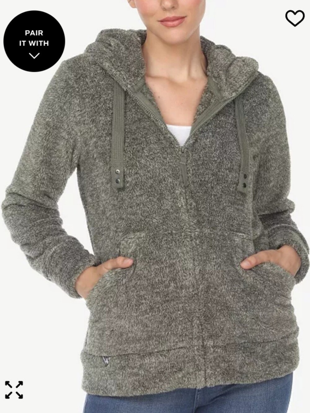 White Mark Women's Cozy Fleece Hooded Sherpa Jacket  Olive Large NWT $99